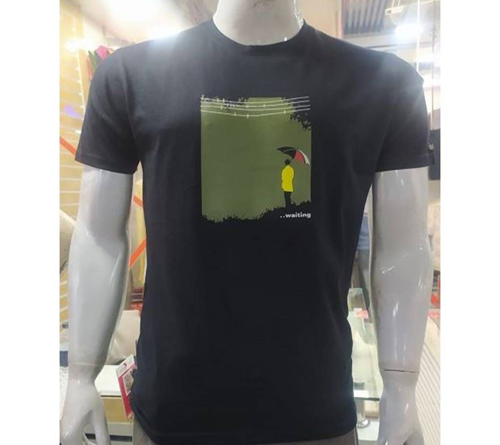 Waiting Black Half Sleeve Cotton T Shirt For Men 