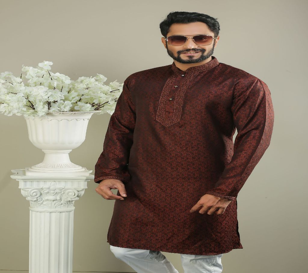  Stylish Semi Long Panjabi - Coffee with Zikzak Dwsign and Neck Embroidery - 226