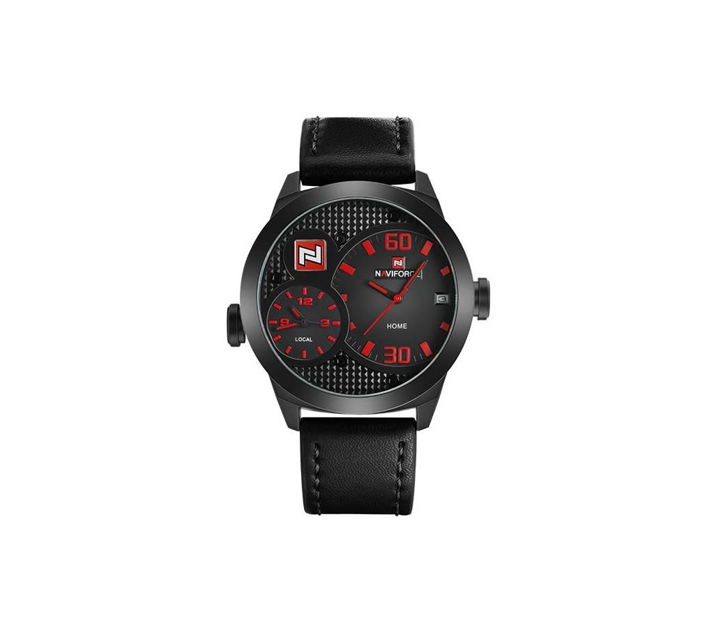 NAVIFORCE NF9092 Black PU Leather Dual Time Chronograph Analog Watch For Men - Red & Black