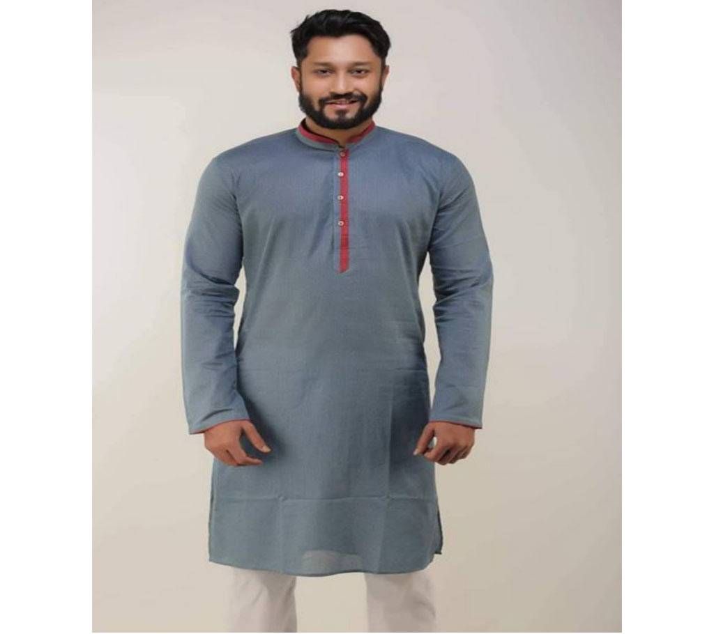 Ash with Ash and Red Mix Collar Cotton Semi Long Panjabi