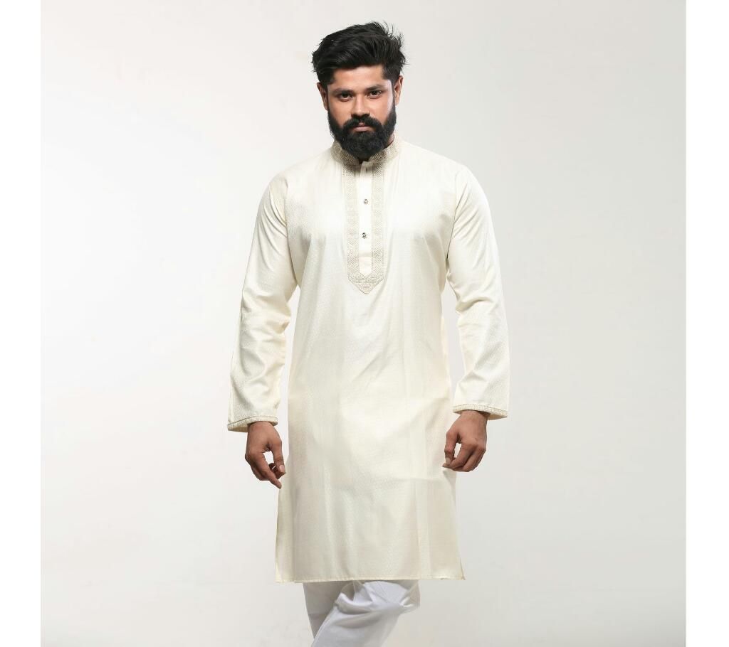 Men's Cotton Punjabi - Off White Embroidery