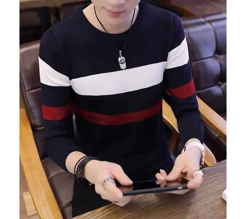 Men's Full Sleeve T-Shirt - TS107 - Black with White and Red Stripe - MAF