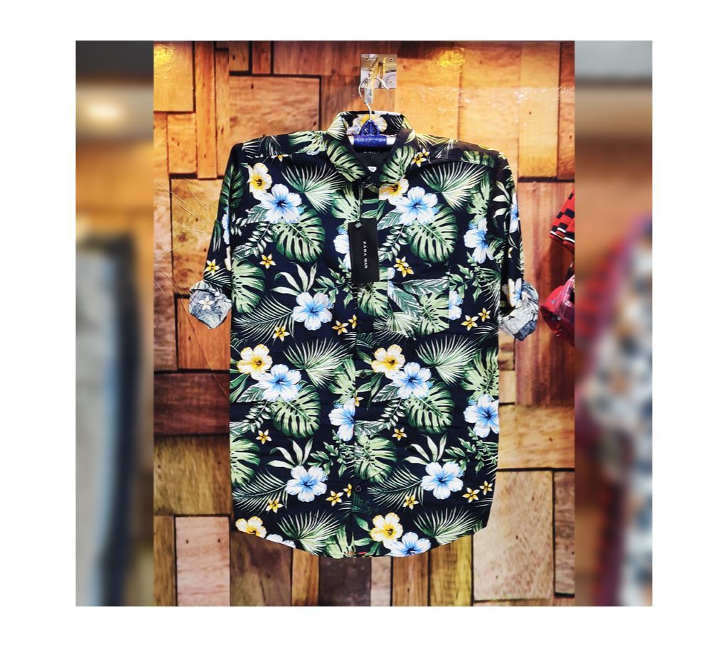 Export Quality Summer Print Shirt- Green Floral In Black.