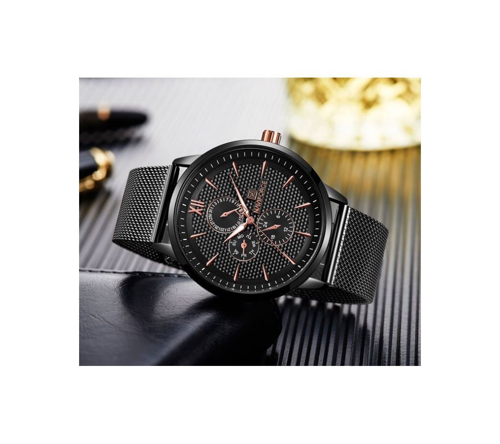 NAVIFORCE 3003 Chronograph Business Casual Quartz Watch Black Rose Gold Slim Mesh Stainless Steel Week Date Display