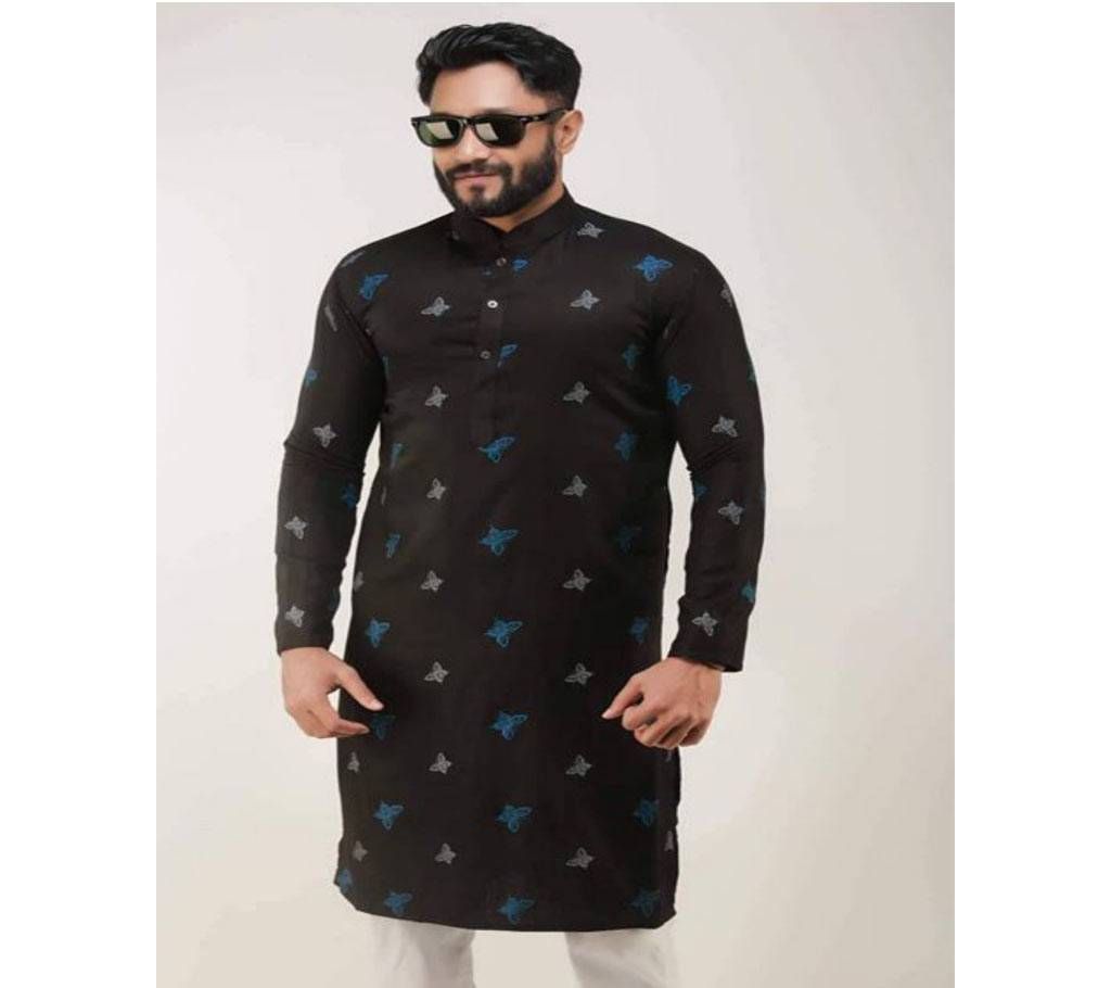 Black with Ash and Blue Butterfly Print Design Cotton Semi Long Panjabi