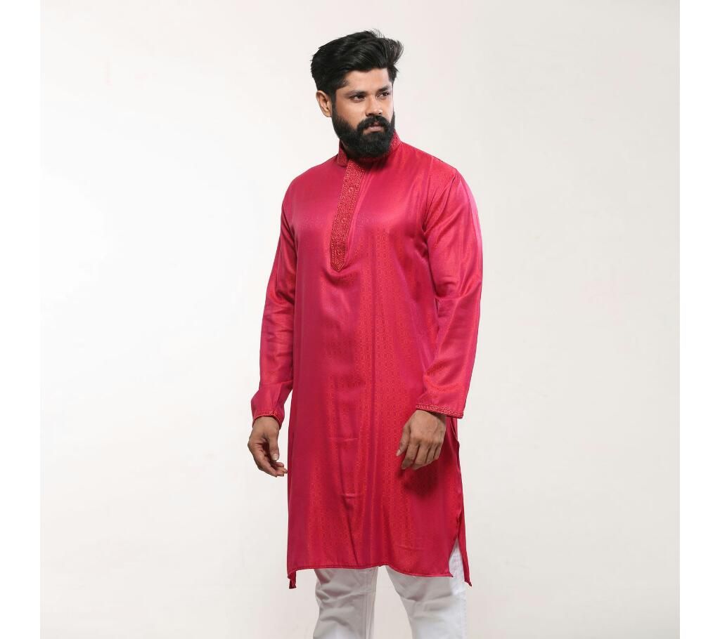Men's Cotton Punjabi - Coral Pink Embroidery