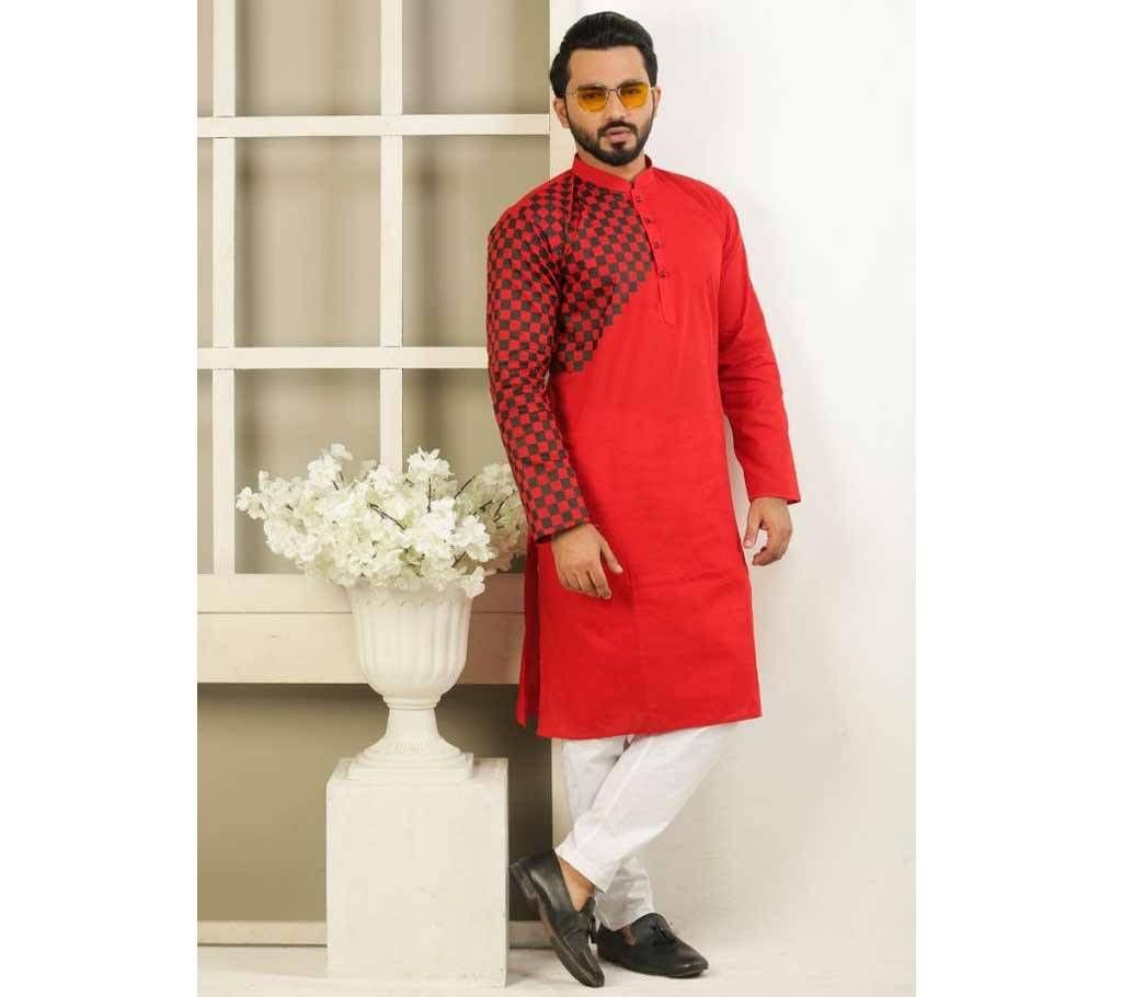 Eid Stylish Semi Long Panjabi Red With Black One Hand Side Design Color - 191105