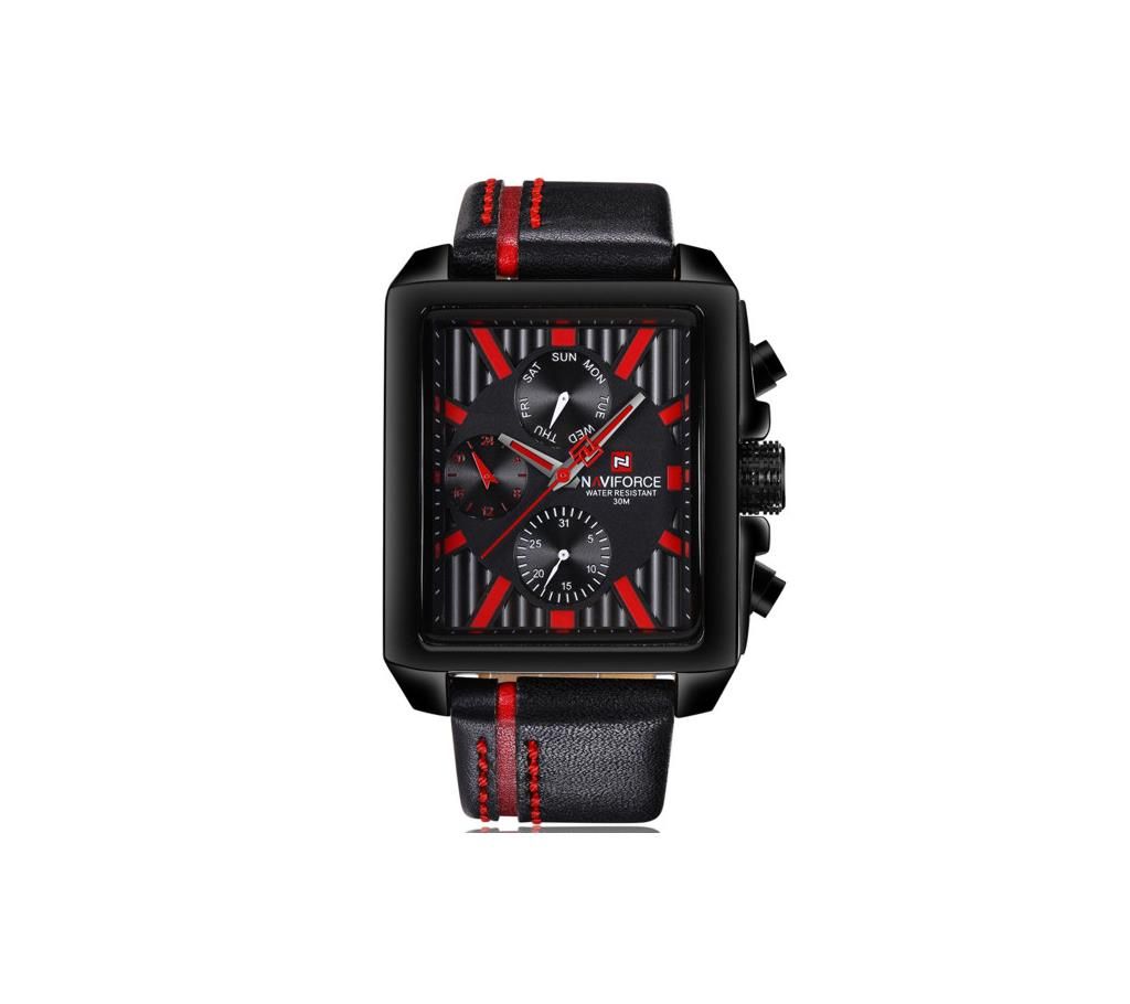 NAVIFORCE NF9111 Black PU Leather Chronograph Watch For Men - Black & Red