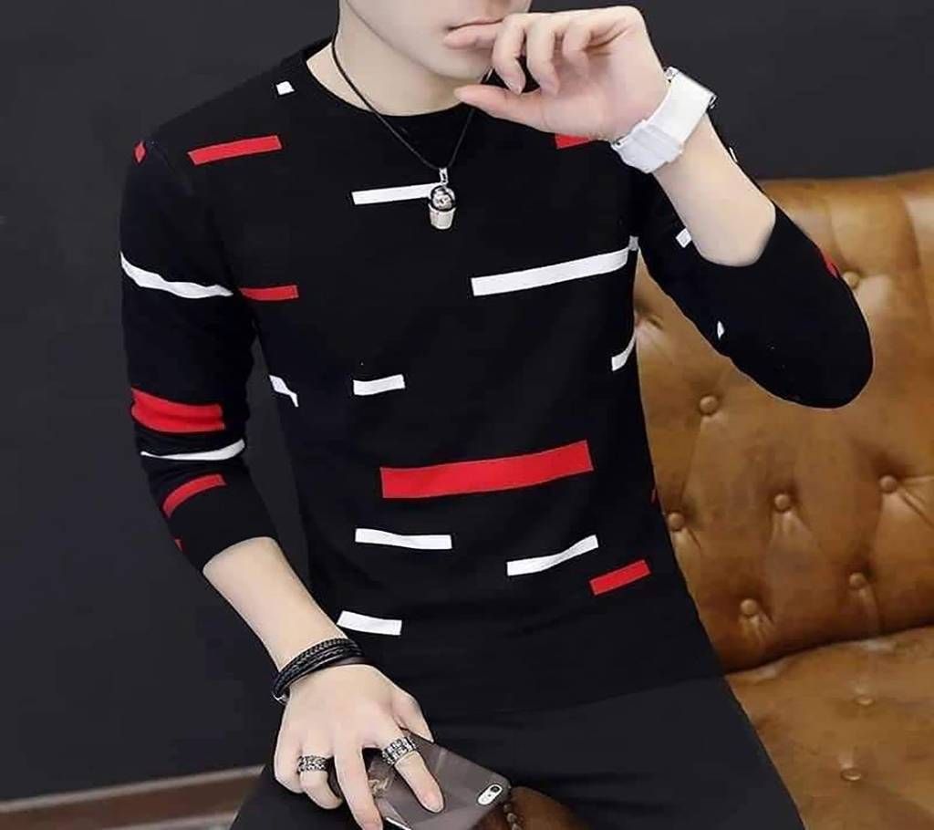 Men's Full Sleeve T-Shirt - TS109 - Black with Red and White Short Stripe - MAF