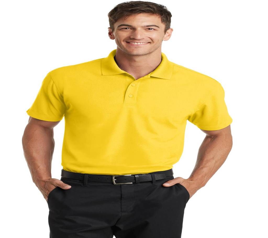 Yellow Short Sleeve Cotton Polo For Men.