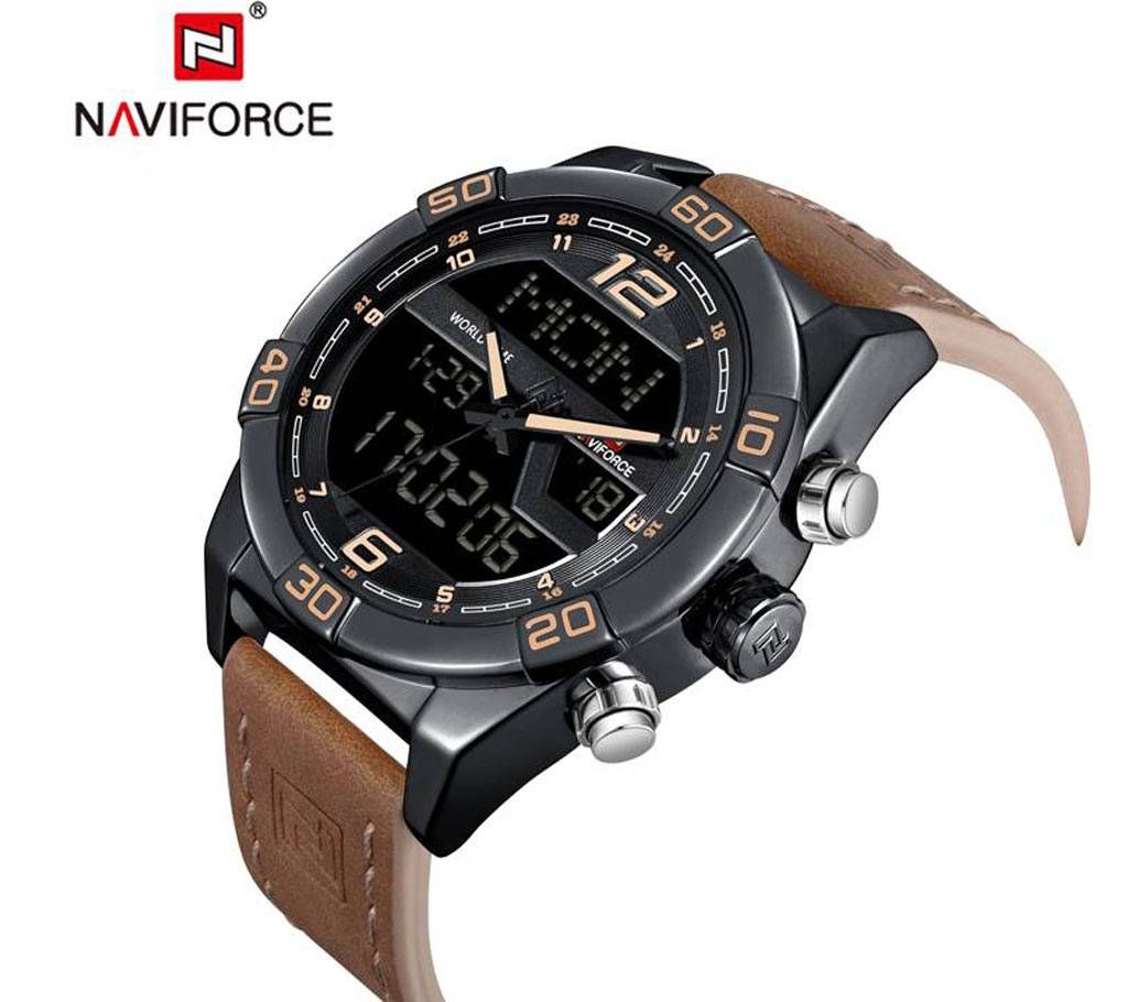NAVIFORCE NF9128 BLACK PU LEATHER TWO TIME WRIST WATCH FOR MEN-ROSEGOLD