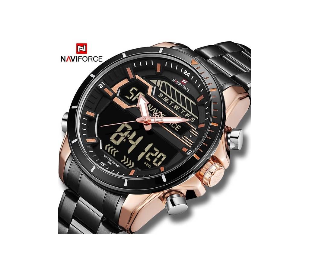 NAVIFORCE NF9138 STAINLESS STEEL DUAL TIME WRIST WATCH FOR MEN - BLACK & COPPER