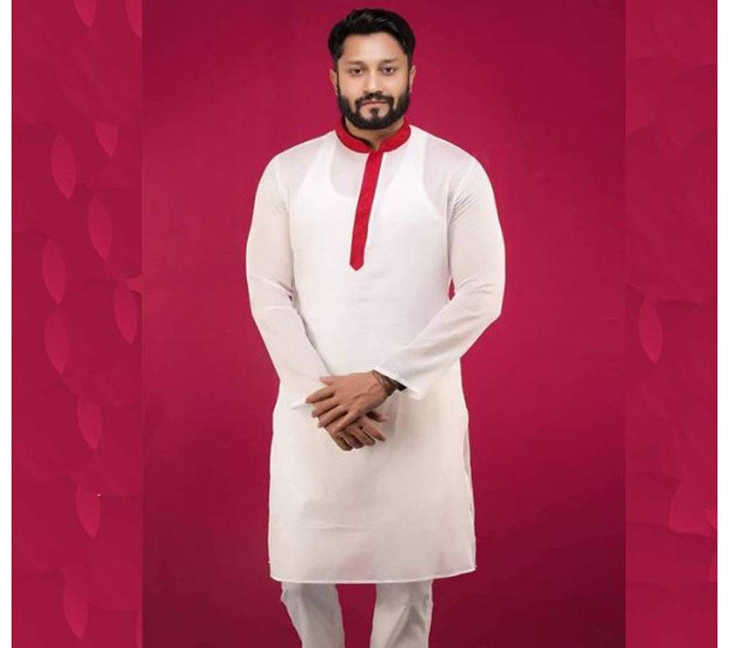 Off White with Red Collar Cotton Semi Long Panjabi