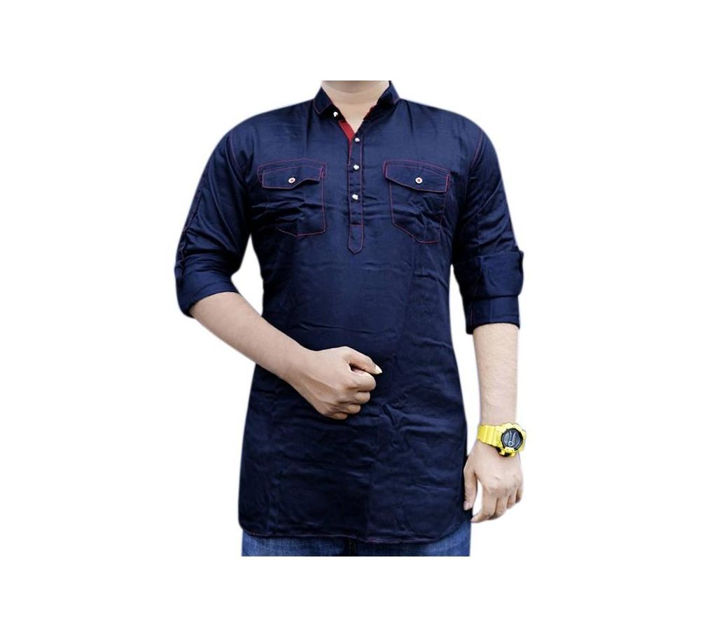 Navy Blue Cotton Long Sleeve Katua For Men