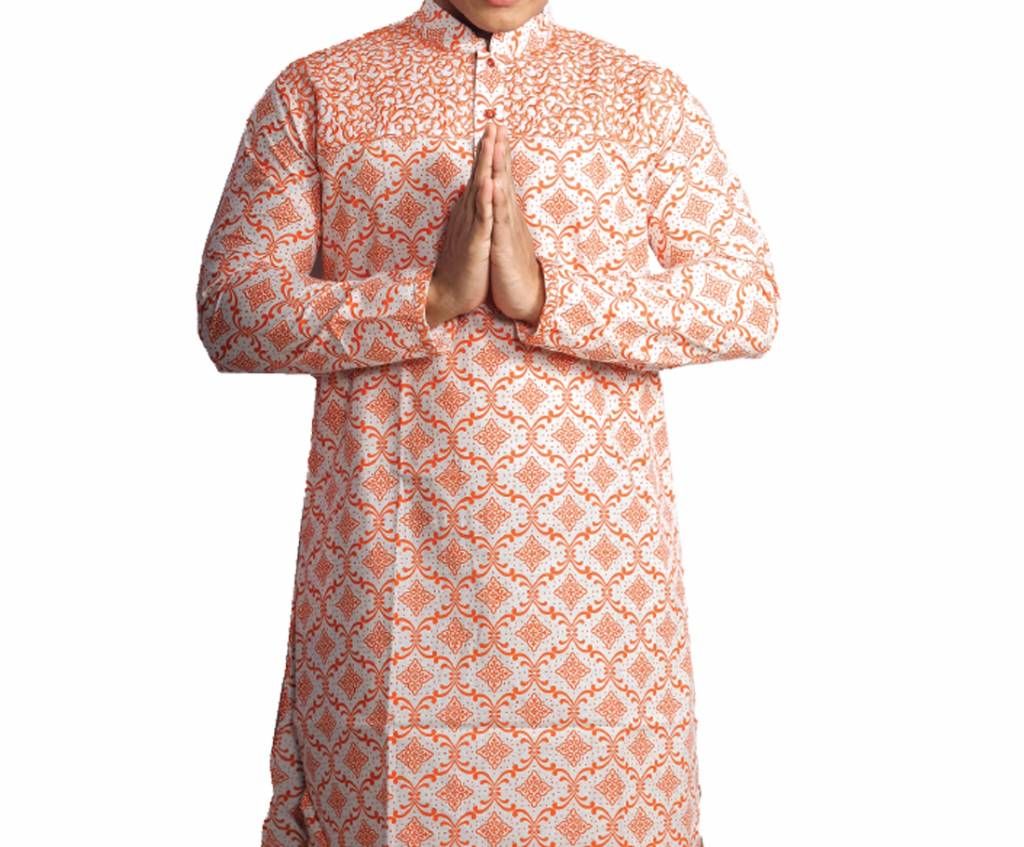 Mens Orange Printed Cotton Panjabi