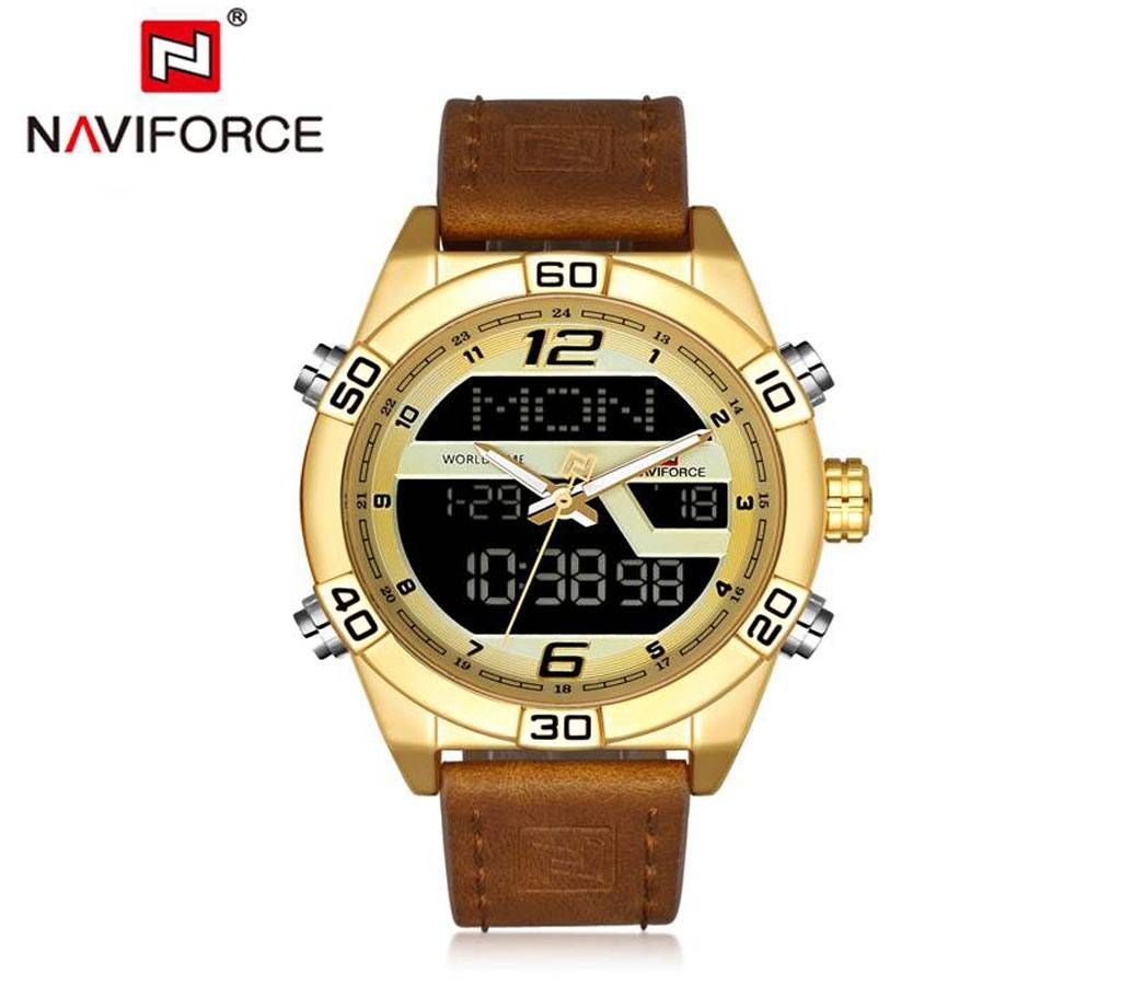 NAVIFORCE NF9128 GOLDEN PU LEATHER TWO TIME WRIST WATCH FOR MEN