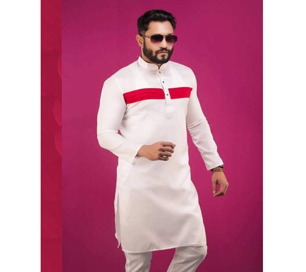 Off White with Red Stripe Design Cotton Semi Long Panjabi