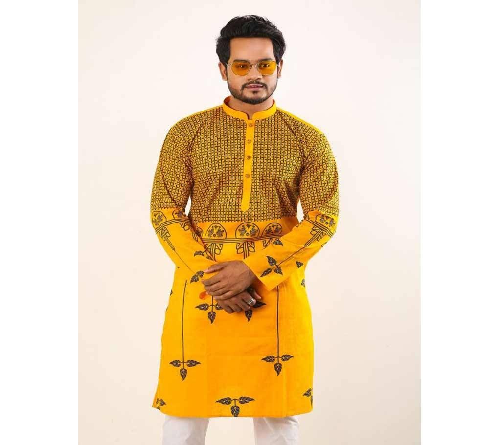 Eid Stylish Semi Long Panjabi Yellow With Black Leaf Design Color - 191106