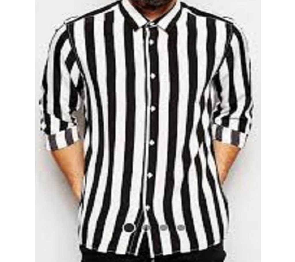 Stylish - Mens Fashion Black White Stripe Buttons Full-Sleeve Casual Shirts - Black White-2020