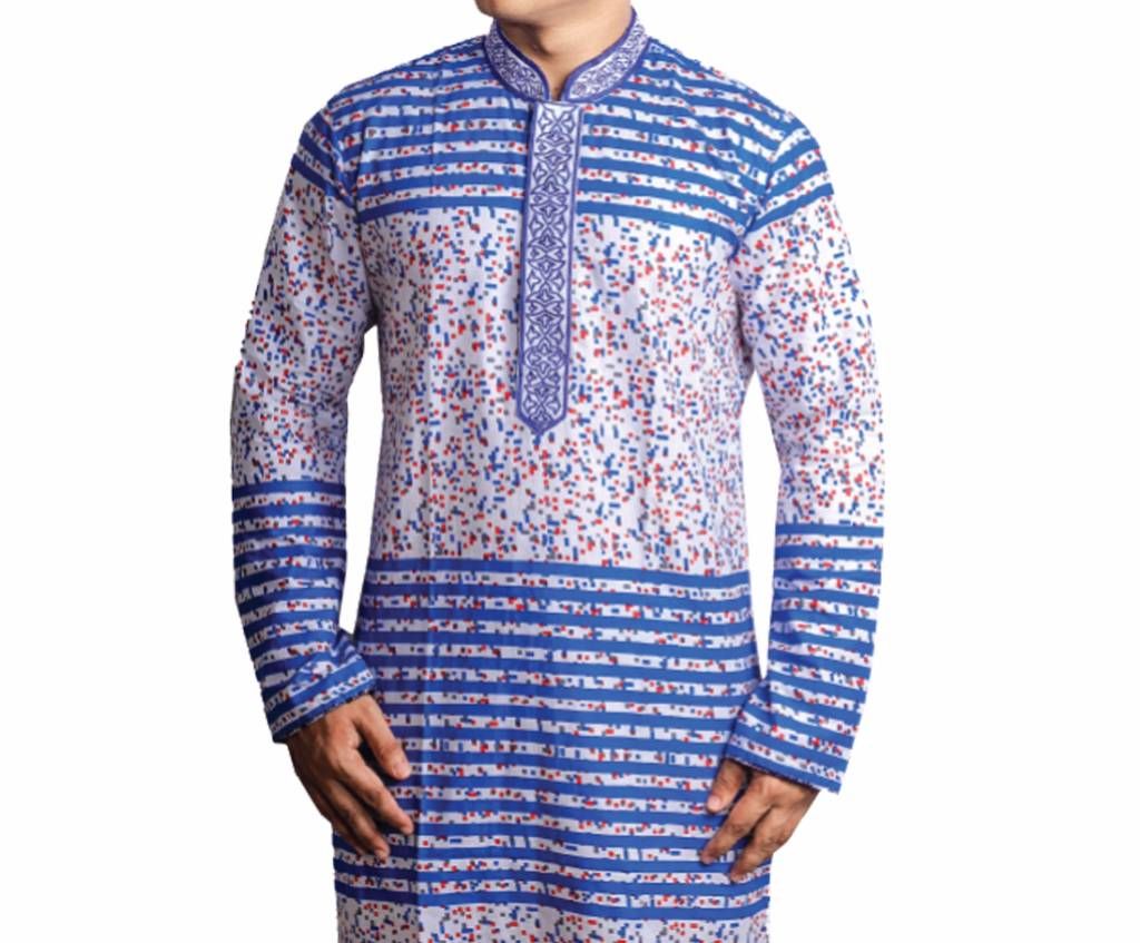 Mens White and Blue Printed Cotton Panjabi