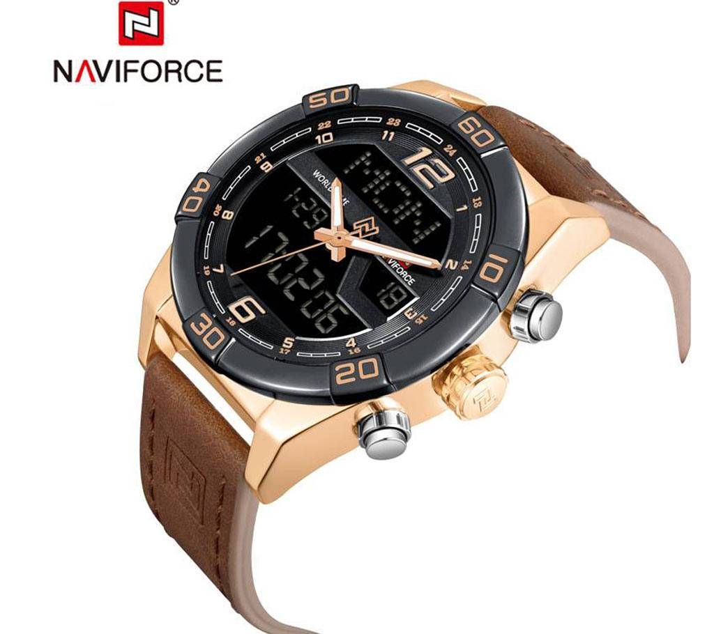 NAVIFORCE NF9128 ROSEGOLD PU LEATHER TWO TIME WRIST WATCH FOR MEN