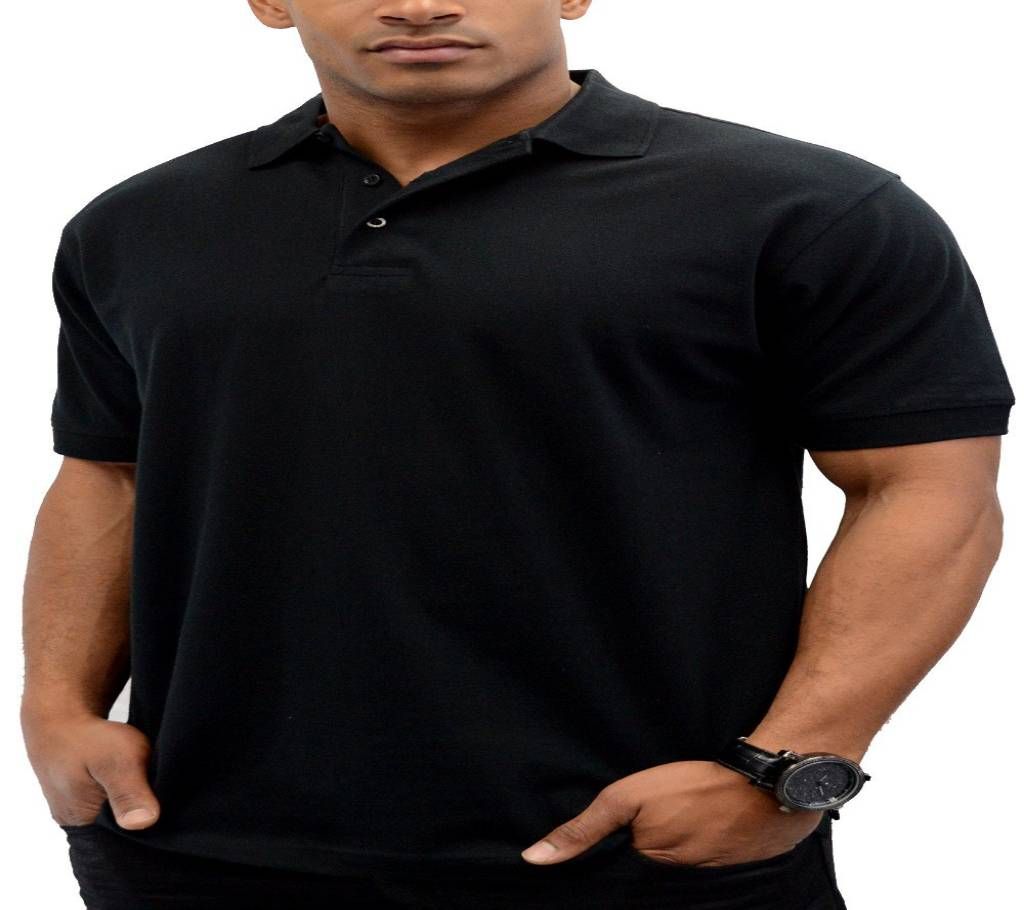Black Short Sleeve Cotton Polo For Men.