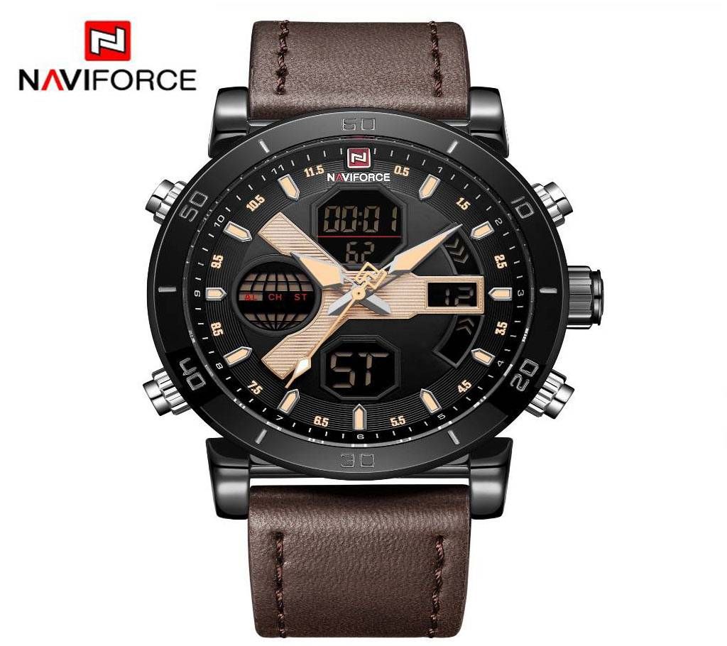 NAVIFORCE NF9132 BROWN  PU LEATHER TWO TIME WRIST WATCH FOR MEN