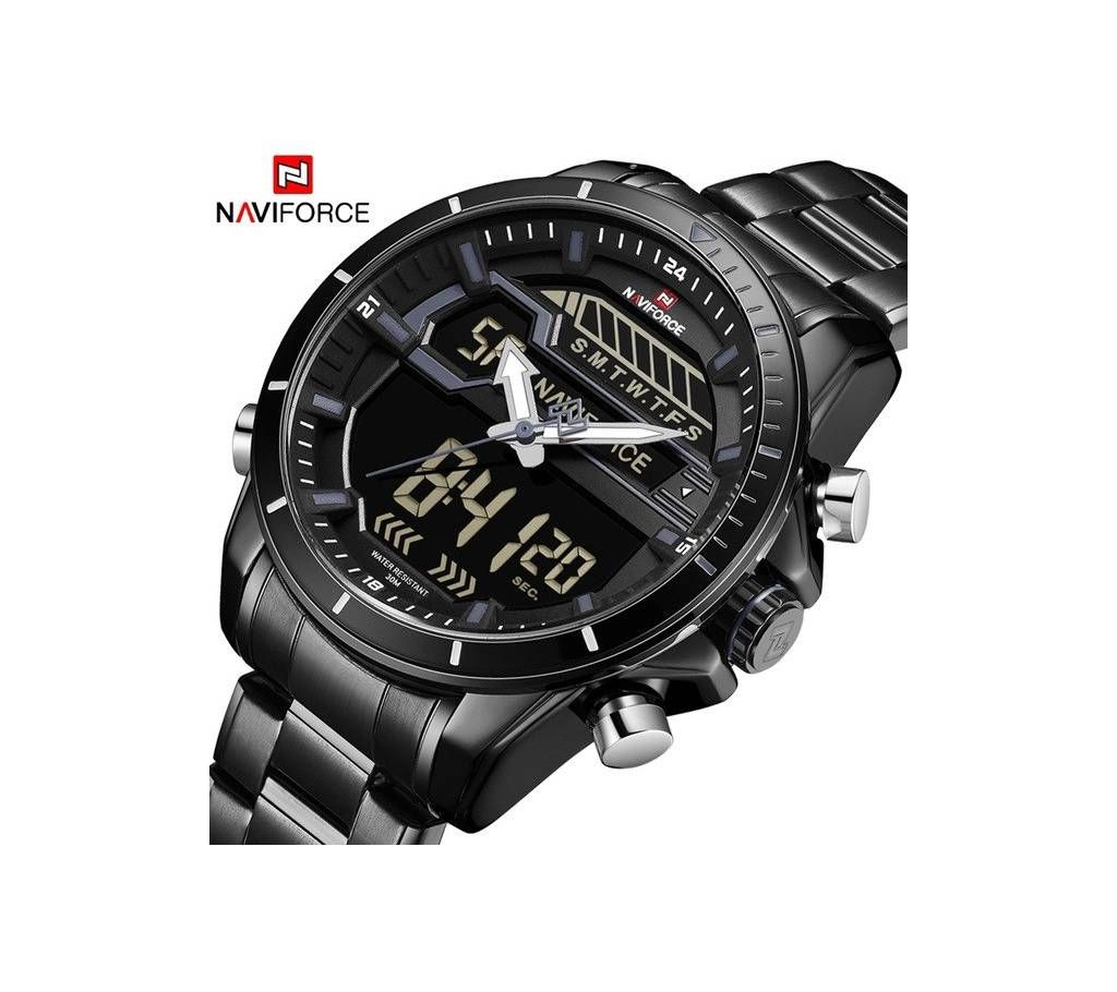 NAVIFORCE NF9138 STAINLESS STEEL DUAL TIME WRIST WATCH FOR MEN - BLACK & ASH