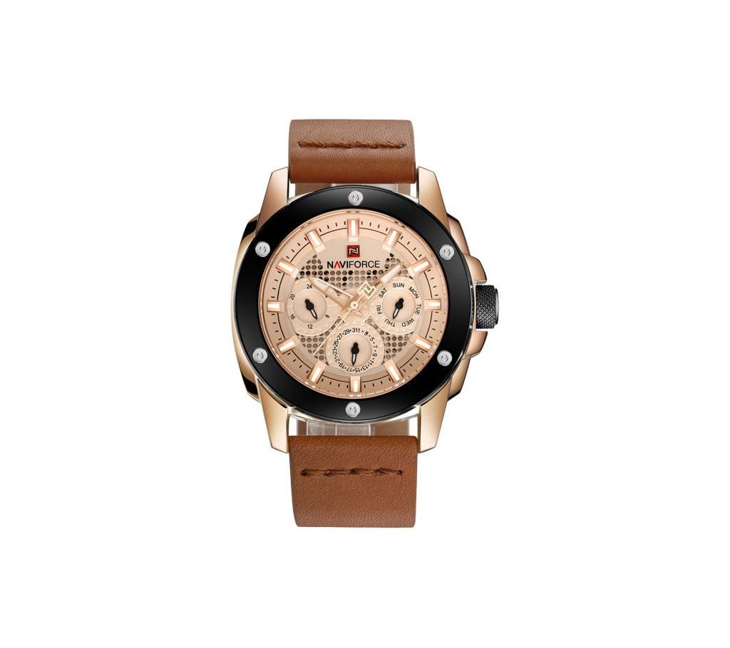 NAVIFORCE NF9116 Brown PU Leather Chronograph Watch For Men - Brown & Gold