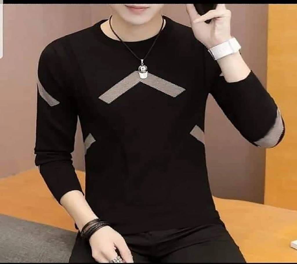 Men's Full Sleeve T-Shirt - TS113 - Black with Off White Stripe - MAF