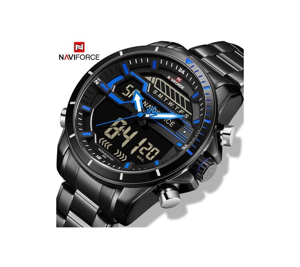 NAVIFORCE NF9133 STAINLESS STEEL DUAL TIME WRIST WATCH FOR MEN - BLACK & BLUE