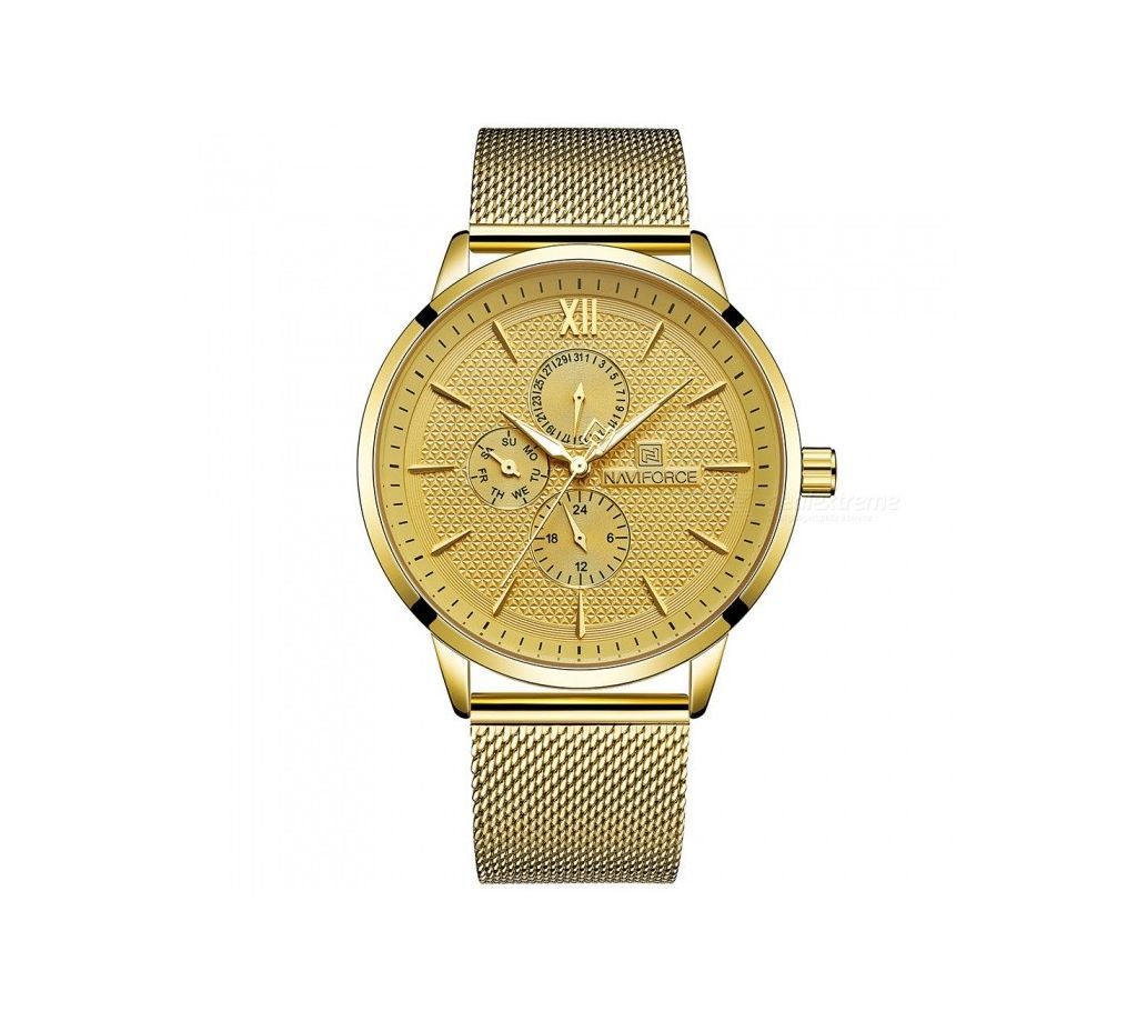 NAVIFORCE 3003 Chronograph Business Casual Quartz Watch Golden Slim Mesh Stainless Steel Week Date Display