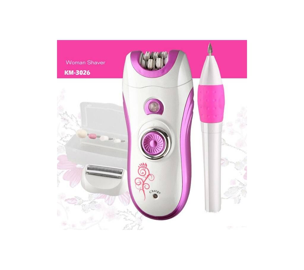 Kemei KM-3026 Rechargeable Cordless Arm Leg Bikini Epilator Defeatherer Shaver Massager Facial Cleansing Instrument for Women