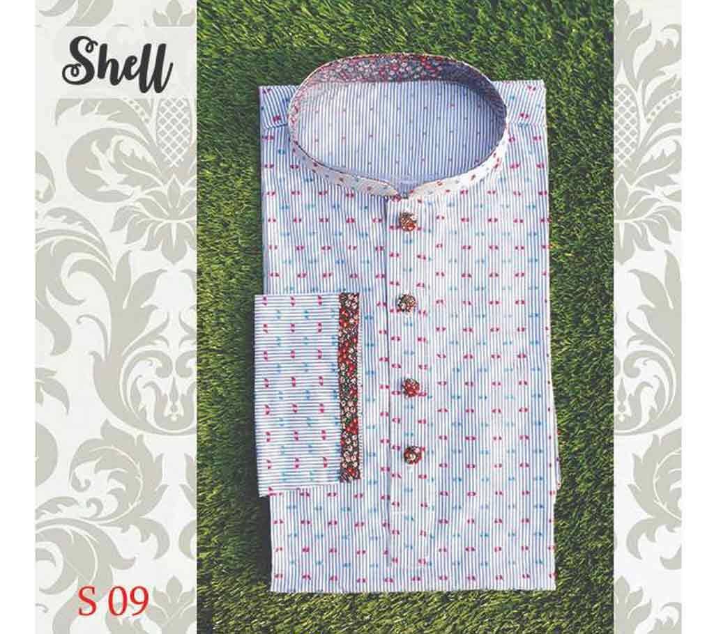 Light Green Embroidery Cotton Semi Long  Panjabi For Men