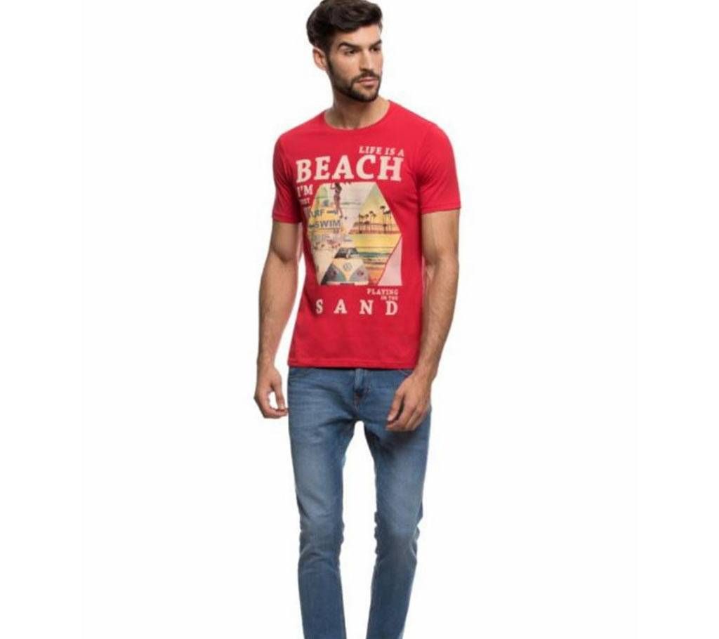 Gents Round Neck Cotton T-shirt -Red