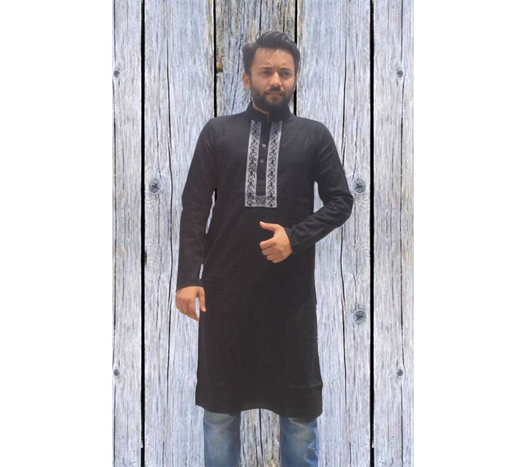 Gents Embroidered Black & White Cotton Panjabi