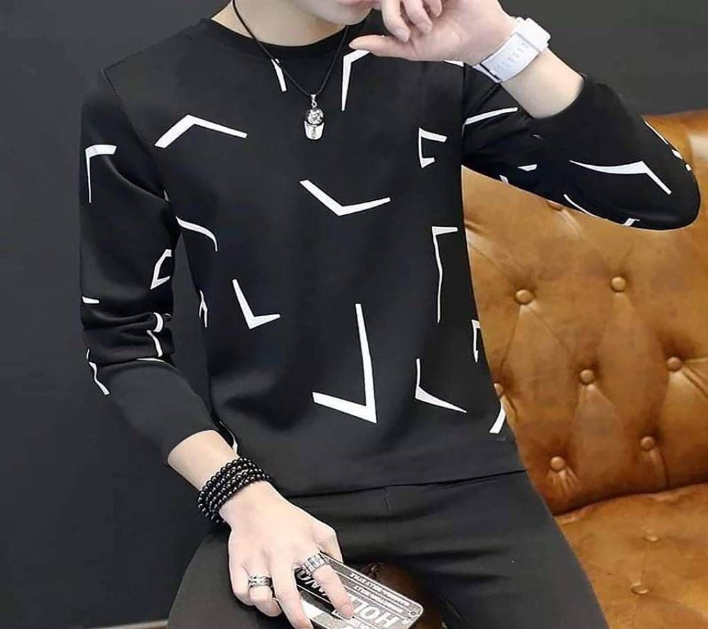 Men's Full Sleeve T-Shirt - TS117 - Black with White Stripe Design - MAF