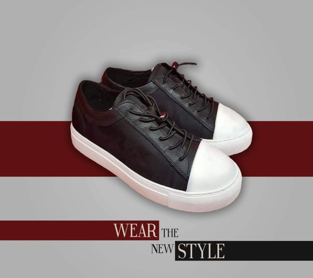 Gentle Leather Made Sneakers - Black And White Combination With White Sole