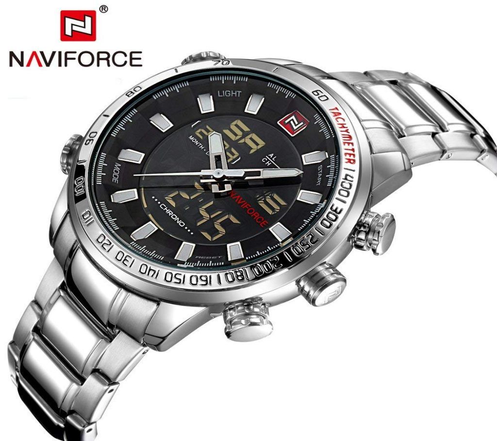 NAVIFORCE NF9093 SILVER STAINLESS STEEL DUAL TIME WATCH FOR MEN
