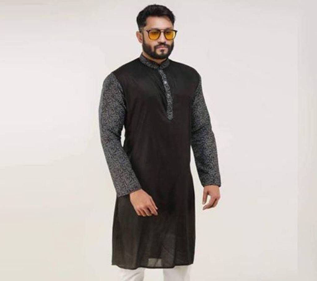 Black with Ash Sleeve and Collar Print Design Cotton Semi Long Panjabi