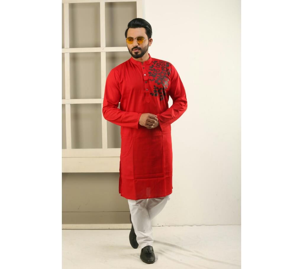 Cotton Panjabi With Leaf Side Solder Design (Red)