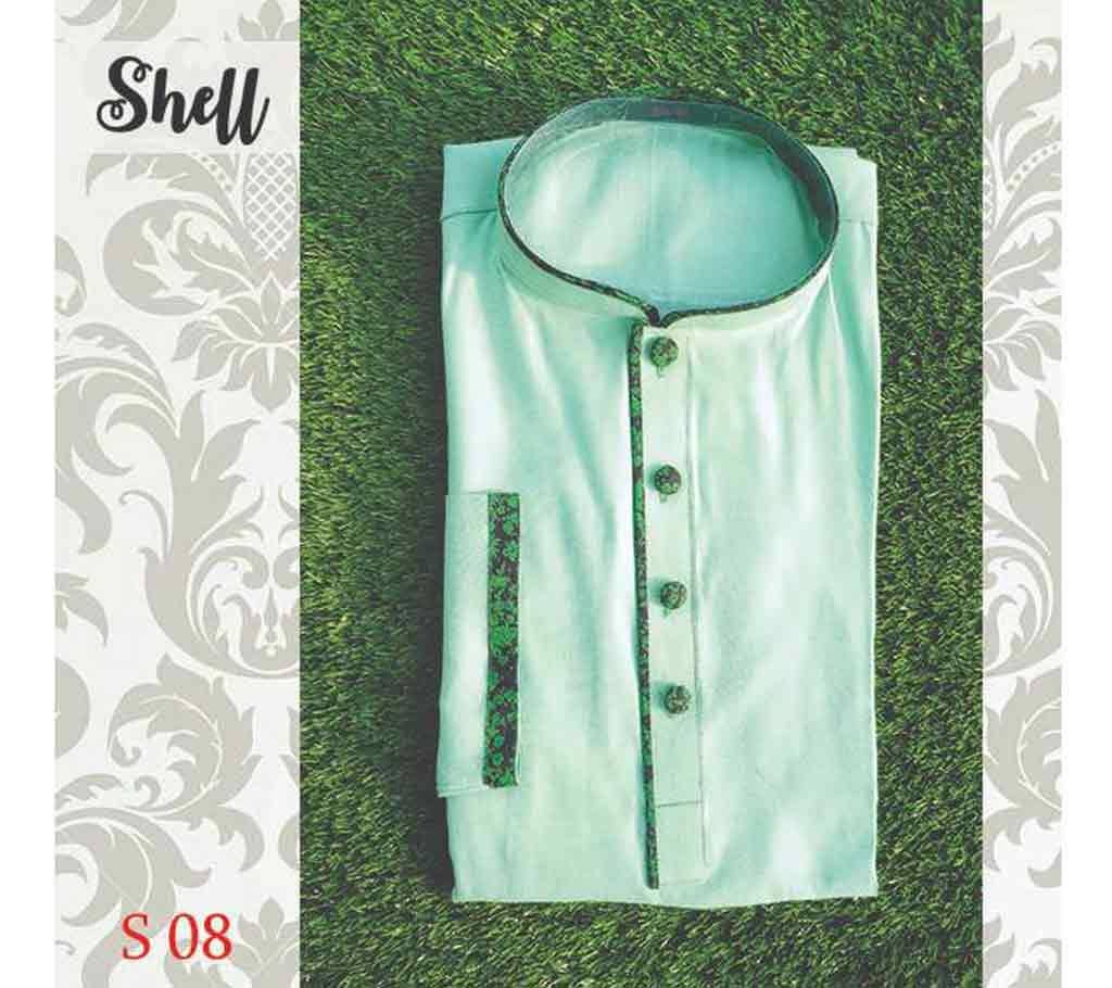 Light Green Cotton Semi Long  Panjabi For Men