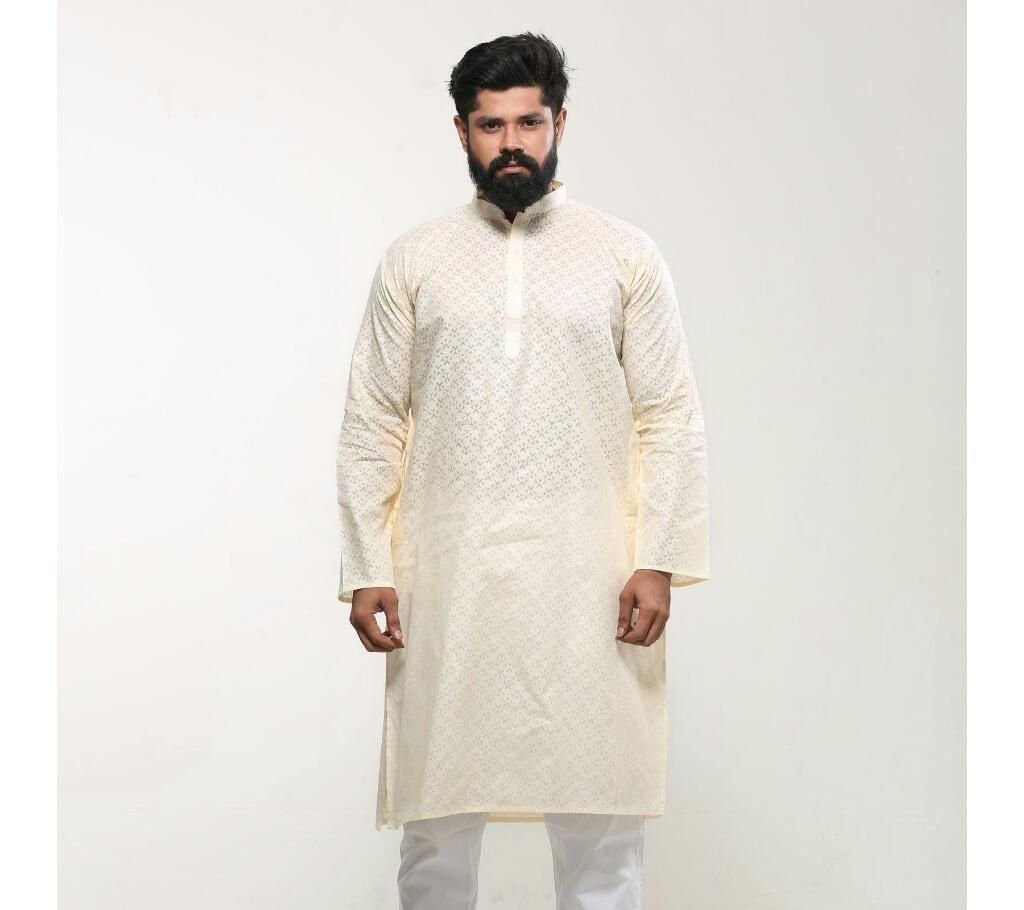 Men's Cotton Punjabi- Off White Water-print
