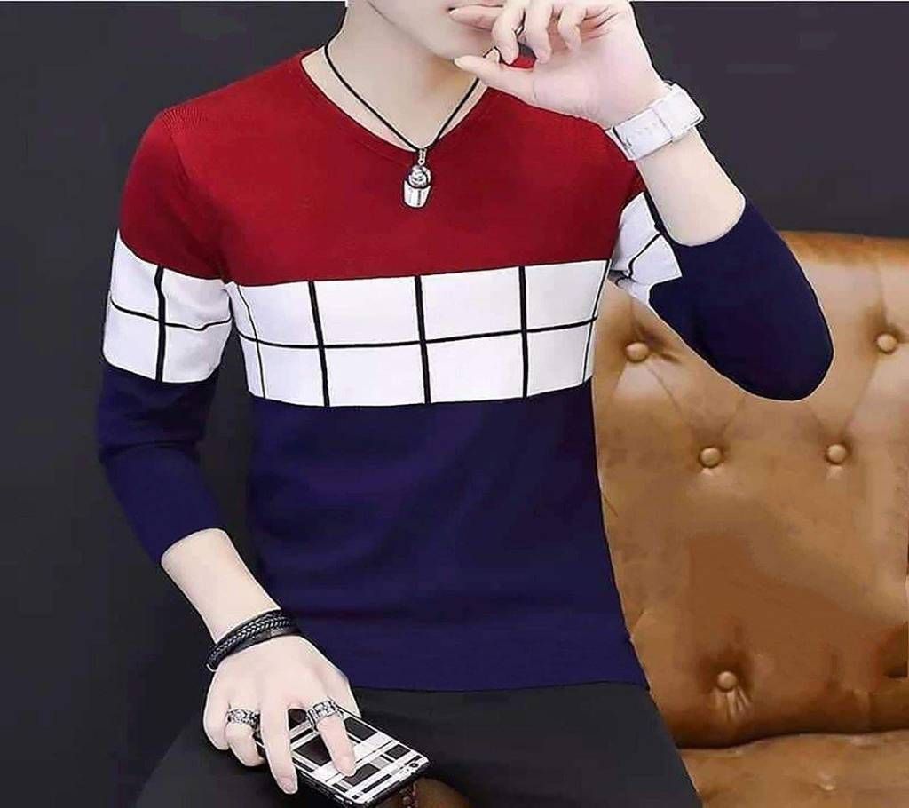 Men's Full Sleeve T-Shirt - TS118 - Dark Blue with White and Red Design - MAF