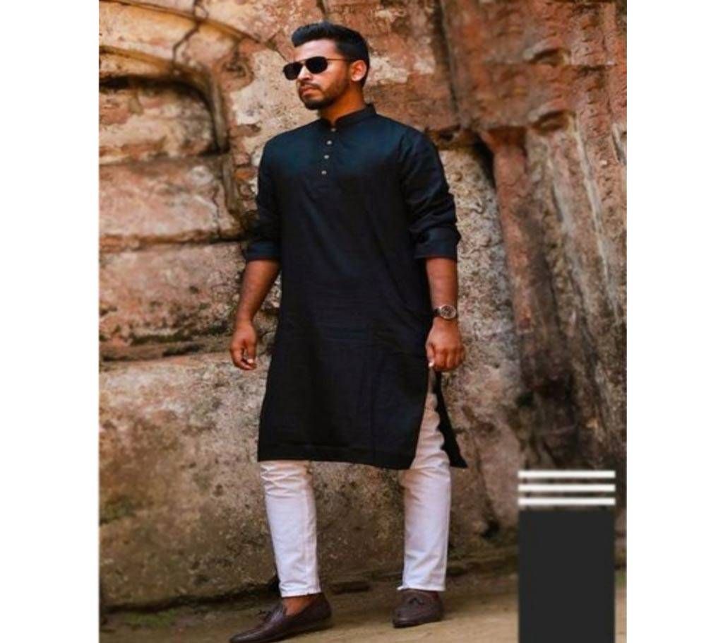 Semi Long Cotton Panjabi for Men-(Black)