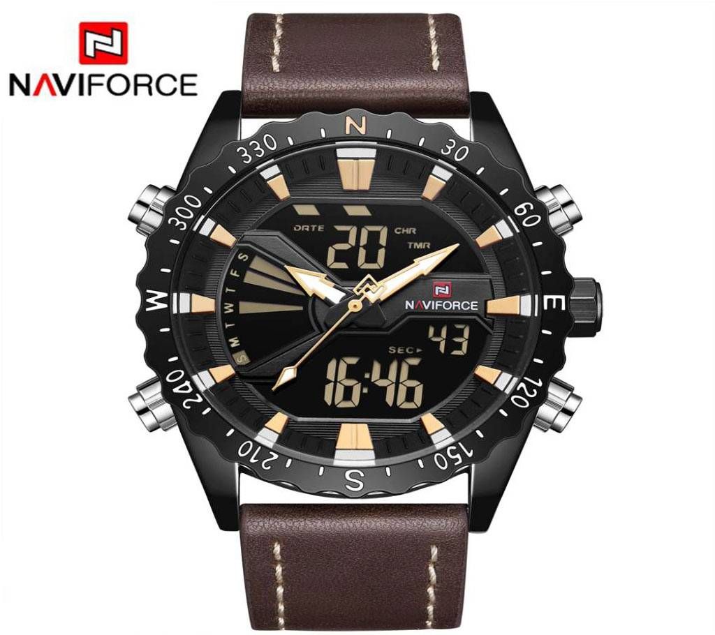 NAVIFORCE NF9136 BROWN PU LEATHER TWO TIME WRIST WATCH FOR MEN