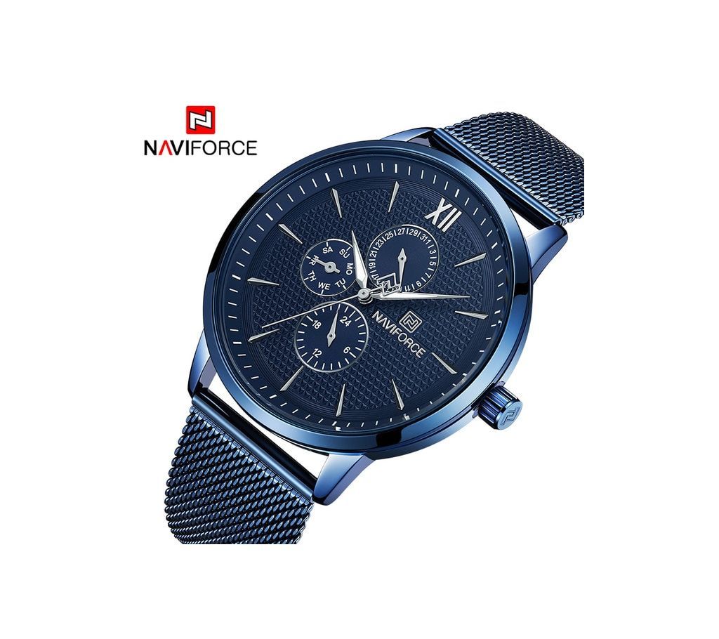 NAVIFORCE 3003 Chronograph Business Casual Quartz Watch DARK BLUE Slim Mesh Stainless Steel Week Date Display