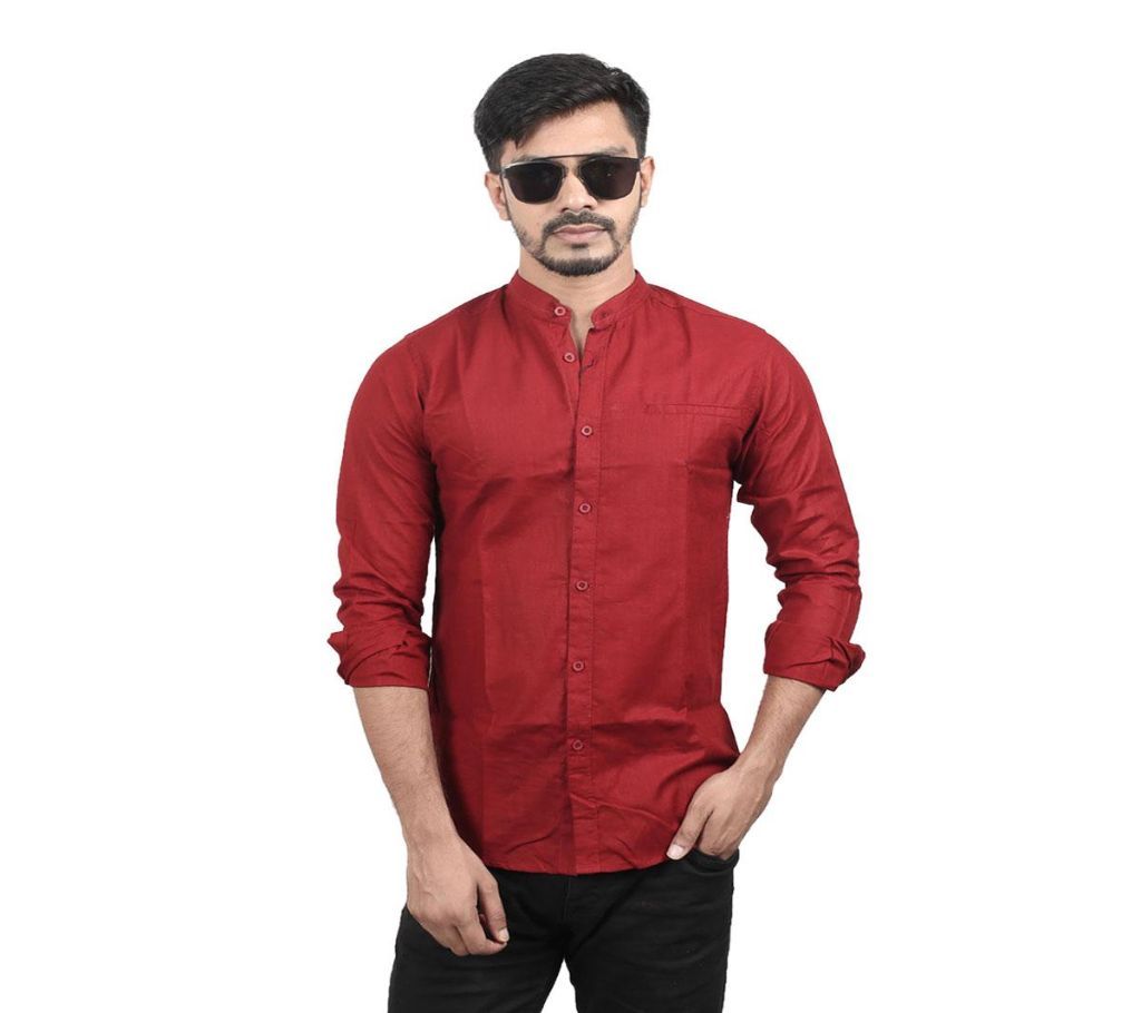 Full sleeve band collar shirt for men