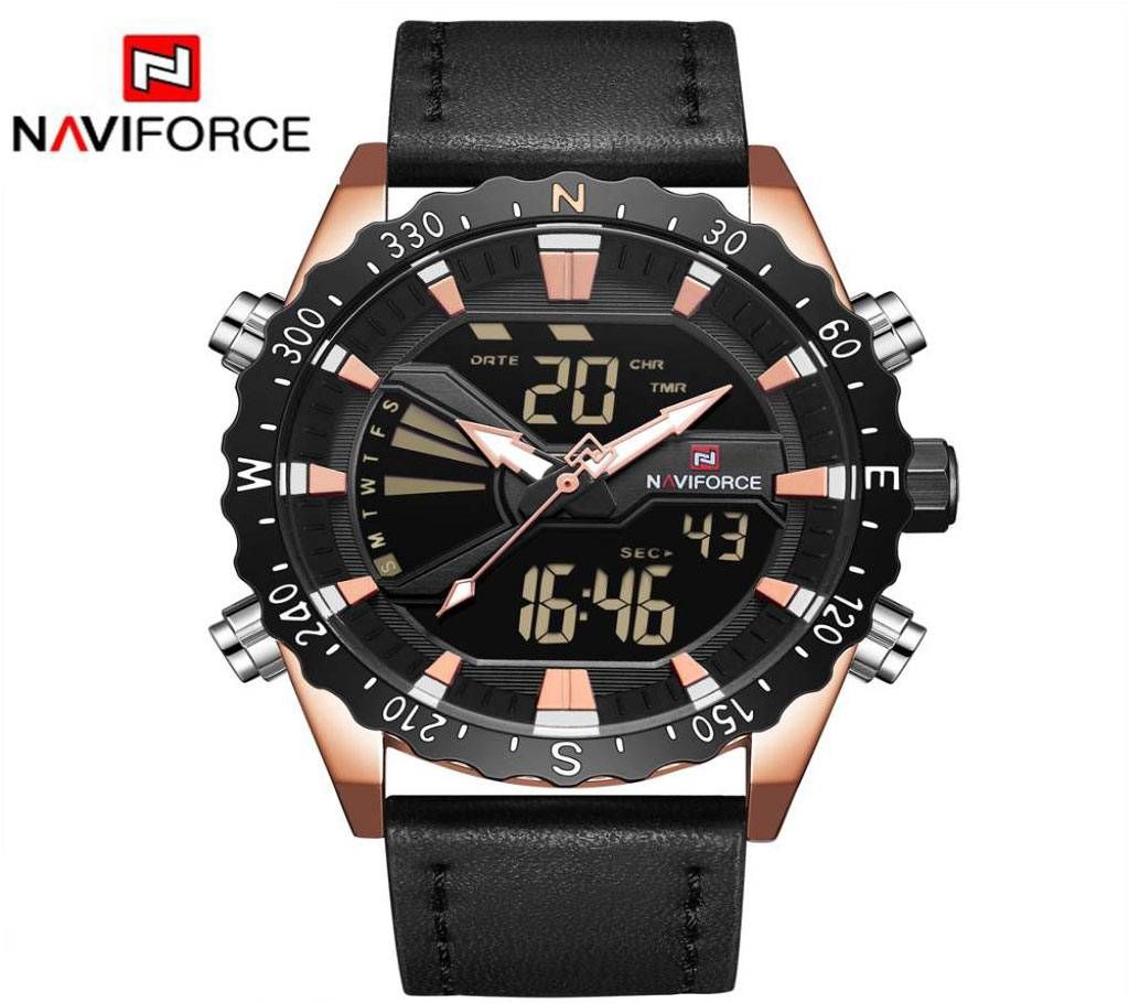 NAVIFORCE NF9136 ROSE GOLD PU LEATHER TWO TIME WRIST WATCH FOR MEN