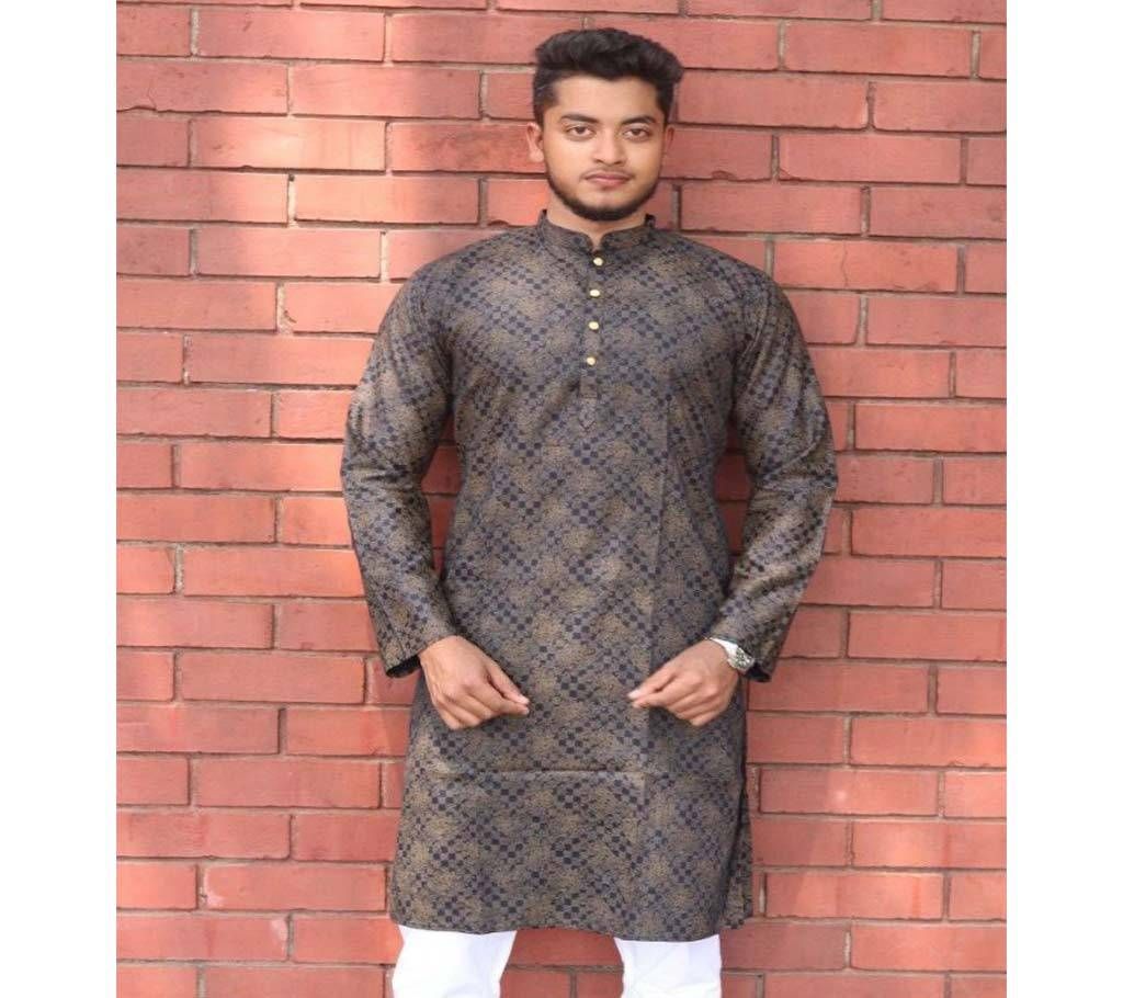 Menz Semi Long Panjabi - Black Color With Gold Color Flower Print